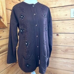 Paramour Vintage Chocolate Brown Women's Large Cardigan Embroidery Beaded Pearls